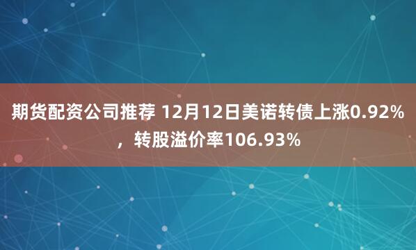 期货配资公司推荐 12月12日美诺转债上涨0.92%，转股溢价率106.93%